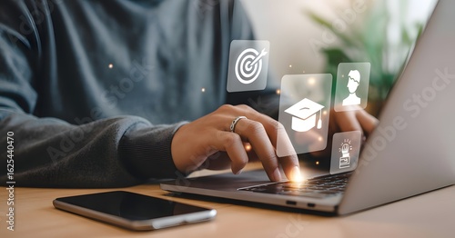 Digital learning landscape: A person intently works on a laptop, surrounded by symbolic icons representing learning, goals, and self-improvement.