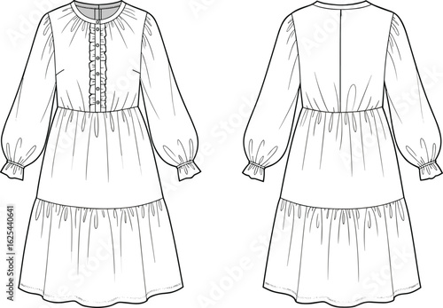 Long sleeve tiered dress technical flat, front and back view, gathered waist, button placket detail, fashion design sketch, vector apparel drawing template