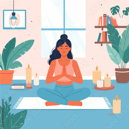 Peaceful flat illustration of a woman practicing yoga in a cozy home setting with indoor plants and soft light.
