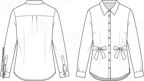 Women's button-down shirt technical flat, front and back view, long sleeve with bow detail, fashion CAD sketch, vector clothing design template
