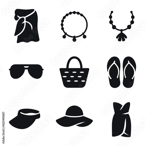 Coastal Fashion Icons. olid, filled icons set of coastal fashion accessories: beach scarf, charm anklet, shell
