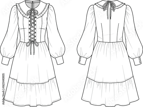 Victorian inspired dress technical sketch, vintage lace up dress flat, puff sleeve fashion drawing, CAD illustration for apparel design