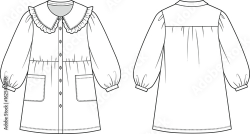 Button down dress technical sketch, flat front and back view, puff sleeve design, ruffle collar vector, CAD drawing for fashion