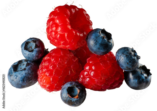 Fotografie Fresh raspberries and blueberries isolated on transparent background