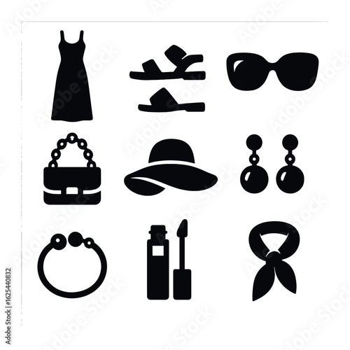 Chic Summer Icons. olid, filled icons set of chic summer looks: maxi dress, metallic sandals, oversized shades