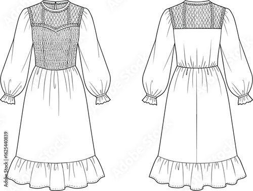 Long sleeve midi dress flat sketch with lace yoke, ruffle hem, cuffed sleeves, gathered waist, front and back technical view