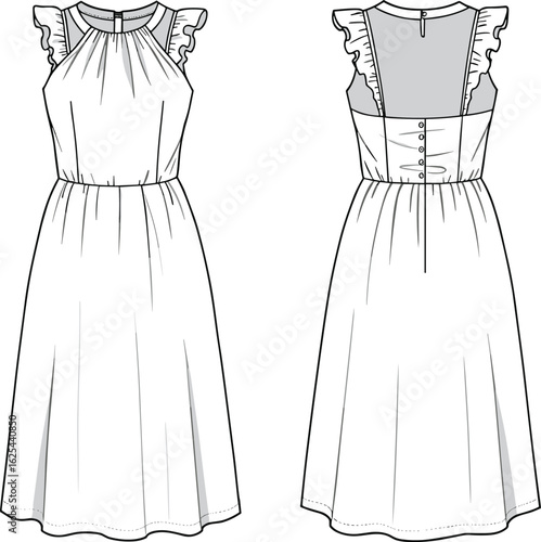 Woman's dress flat sketch, technical fashion drawing, vector template, apparel design, ruffle sleeve, gathered neck, midi dress, clothing mockup.