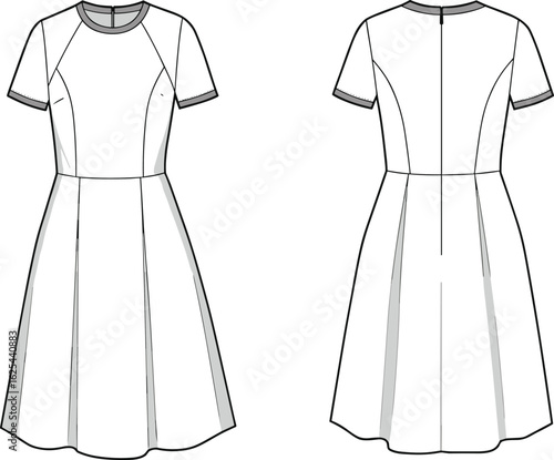 
Elegant and sophisticated short-sleeve dress with paneled bodice and pleated skirt, perfect for formal occasions and fashion design.