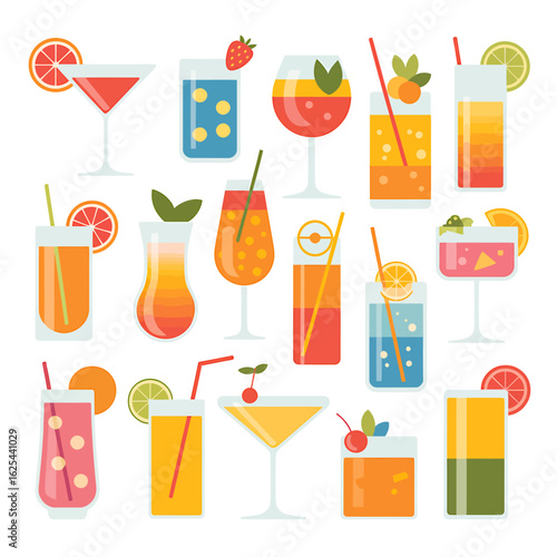 Collection of Colorful Cartoon Cocktails and Drinks with Straws and Fruit Garnishes for Summer Celebrations and Party Invitations