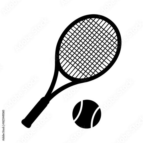 Minimalist tennis racket and ball illustration sports equipment for athletic competitions and recreational activities black and white vector graphic design