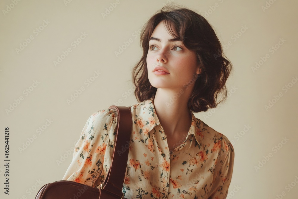 Portrait of a fashionable young woman wearing a floral blouse and holding a leather bag, looking away with a thoughtful expression Portrait of a fashionable young woman wearing a floral blouse and holding a leather bag, looking away with a thoughtful expression