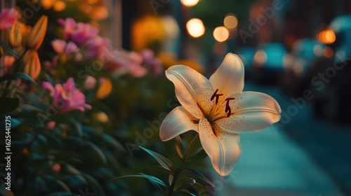 Fototapeta Naklejka Na Ścianę i Meble -  a small garden on the sidewalk of a street full of lily flowers, but one stands out
