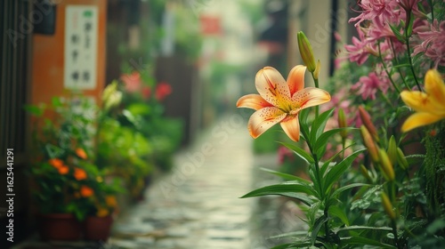 Fototapeta Naklejka Na Ścianę i Meble -  a small garden on the sidewalk of a street full of lily flowers, but one stands out