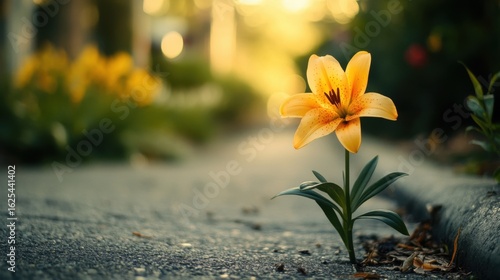 Fototapeta Naklejka Na Ścianę i Meble -  a small garden on the sidewalk of a street full of lily flowers, but one stands out