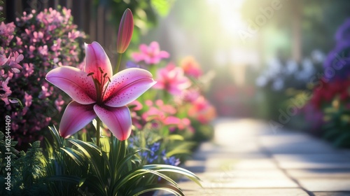 Fototapeta Naklejka Na Ścianę i Meble -  a small garden on the sidewalk of a street full of lily flowers, but one stands out