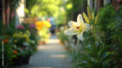 Fototapeta Naklejka Na Ścianę i Meble -  a small garden on the sidewalk of a street full of lily flowers, but one stands out