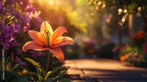 Fototapeta Naklejka Na Ścianę i Meble -  a small garden on the sidewalk of a street full of lily flowers, but one stands out