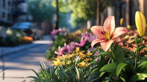 Fototapeta Naklejka Na Ścianę i Meble -  a small garden on the sidewalk of a street full of lily flowers, but one stands out