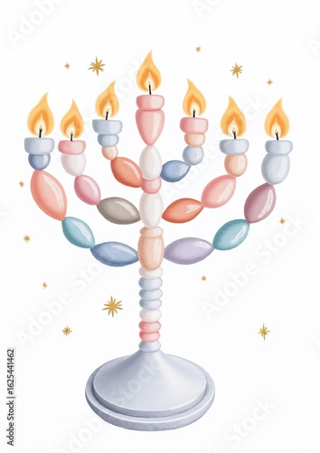 Happy Hanukkah А4. Colorful menorah with lit candles and stars on white background  