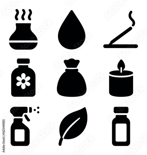 Aromatherapy Icon Set. Solid, filled icons set of aromatherapy: diffuser, oil drop, incense stick, flower