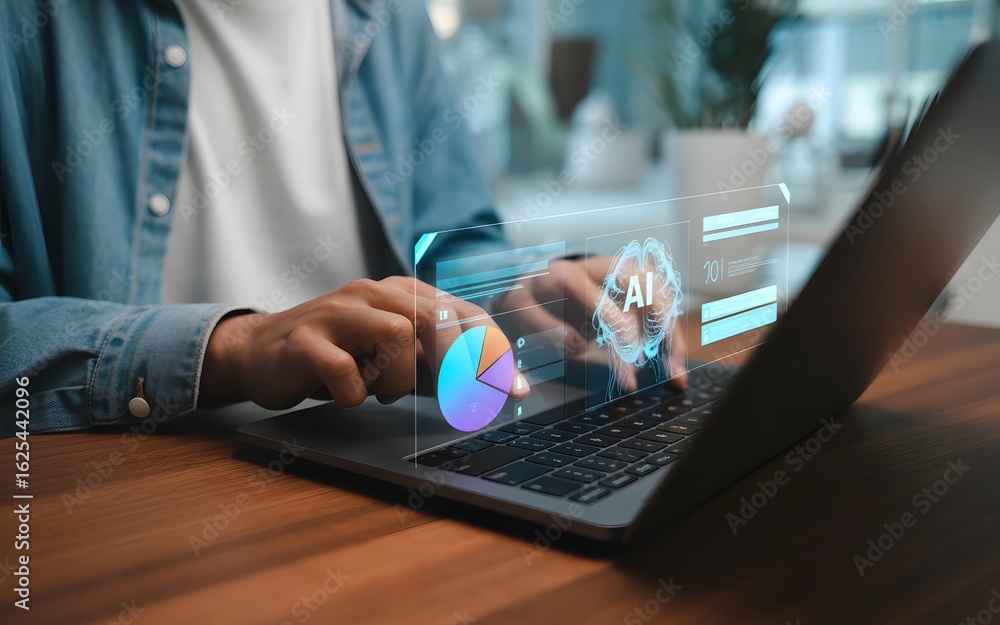 Obraz premium AI-Powered Work: Person Working on Laptop with AI Infographics, Demonstrating Data Analysis and Technology Interaction. 