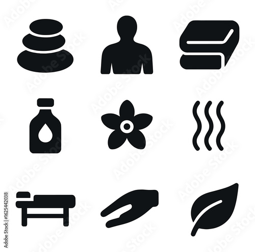 Spa Icon Collection. Solid, filled icons set of hot stone massage: stones stack, body silhouette, towel, oil