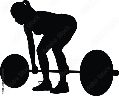 Athletic woman performing a deadlift exercise with a barbell in a dynamic black silhouette against a white background