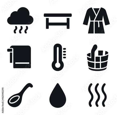Sauna Icons Set. Solid, filled icons set of sauna and steam room: steam cloud, bench, wooden bucket, towel,