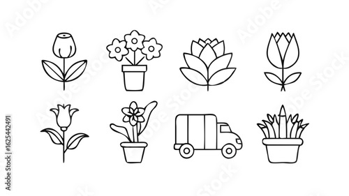Collection of minimalist line art icons featuring various flowers, potted plants, and a delivery truck for a floral shop and shipping service.