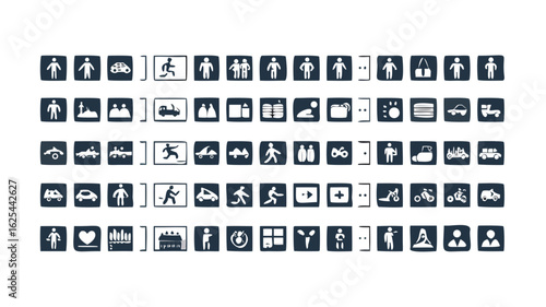 A diverse character set of universal pictograms and glyphs. Collection of icons for public information, transportation, and people activities in a simple style.