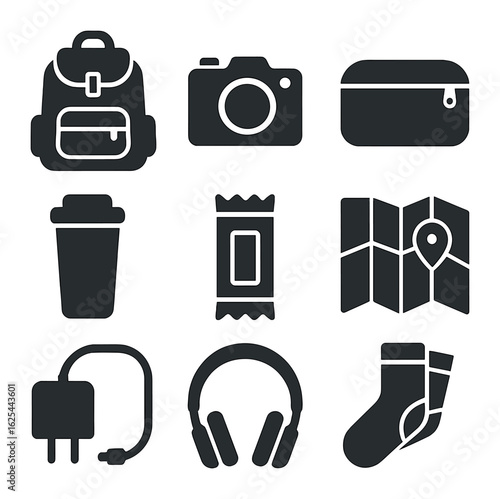 Weekend Getaway Essentials. Solid, filled icons set of flat lay weekend getaway items: backpack, camera,