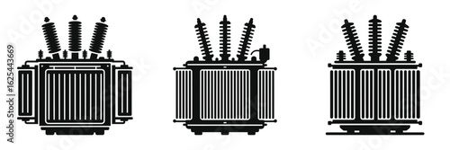 Set of Electrical Transformer Silhouette Vector Illustrations – Power Distribution Equipment, Industrial Energy Icons, High Voltage Substation, Isolated on White Background