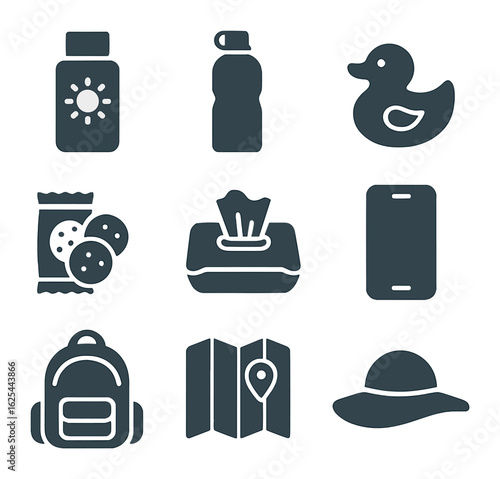 Vacation Essentials Icons. Solid, filled icons set of flat lay family vacation pack: sunscreen, water bottle,