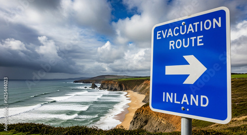 Coastal landscape featuring tsunami evacuation route sign directing towards inland safety amidst stormy skies and crashing waves
