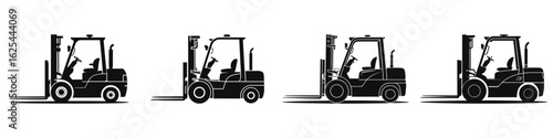 Set of Forklift Silhouette Vector Illustrations – Industrial Warehouse Equipment, Material Handling Vehicle, Logistics Machinery, Factory Transport Icon, Isolated on White Background
