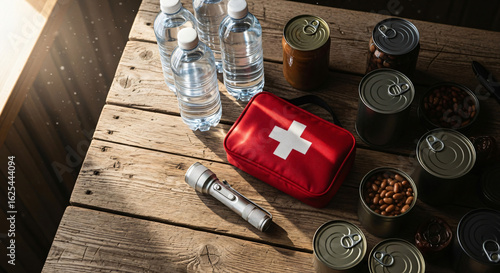 Prepared emergency supplies including water bottles, first aid kit, flashlight, and canned food arranged on wooden table for tsunami disaster preparedness