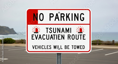 Warning sign indicating no parking and tsunami evacuation route for safety in coastal area near ocean waves