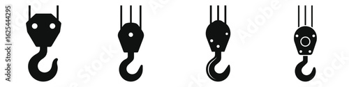 Set of Crane Hook Silhouette Vector Illustrations – Industrial Lifting Equipment, Construction Machinery, Heavy Duty Hoist Icons, Isolated on White Background