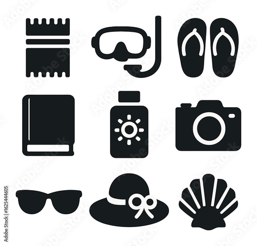 Beach Essentials Grid. Solid, filled icons set of flat lay seaside vacation: towel, snorkel mask, flip-flops,