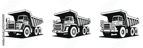 Set of Dump Truck Silhouette Vector Illustrations – Heavy Construction Equipment, Mining Haul Trucks, Industrial Earth moving Vehicles, Isolated on White Background
