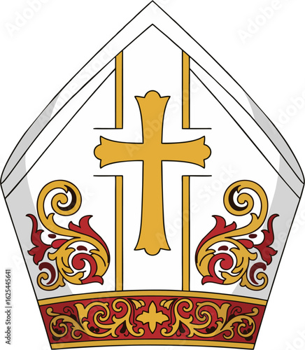 Elegant Catholic Bishop Mitre Vector with Gold Cross and Baroque Ornament – Clergy Hat Illustration