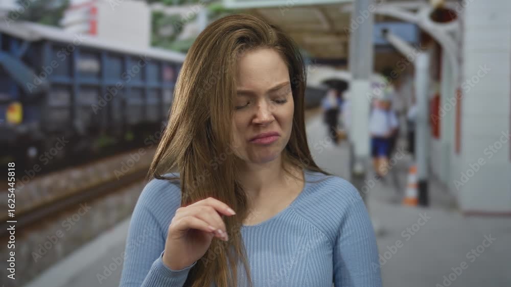 Young caucasian woman in blue sweater holds up palms beside railway tracks at train station platform; rejection disgust. Young caucasian woman in blue sweater holds up palms beside railway tracks at train station platform; rejection disgust.