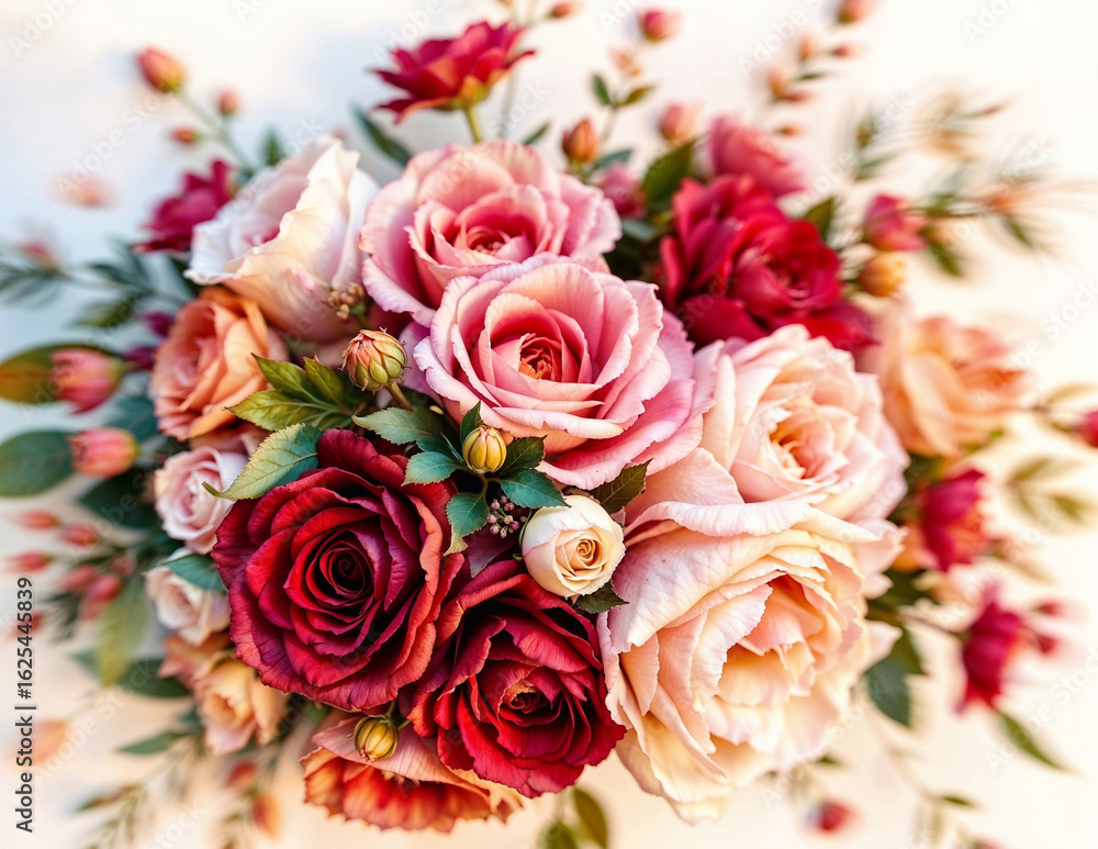 Bouquet of pink and red roses with buds and greenery on white background. Bouquet of pink and red roses with buds and greenery on white background.