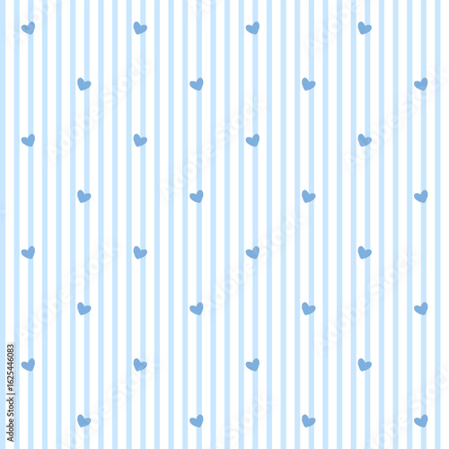 Vector illustration. Seamless pattern of blue hearts on a background of light blue vertical stripes. Design for fabric, packaging, wrapping paper, Valentine's Day, pastel blue background with hearts	