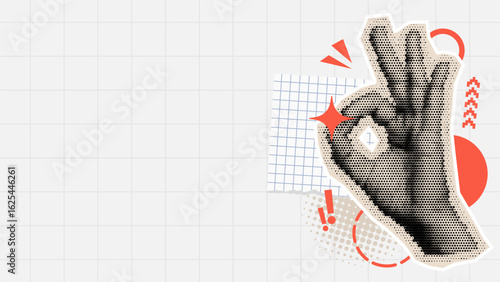Halftone style ok hand gesture and red shapes on white gridded background for abstract message. Digital collage vector with visual art.