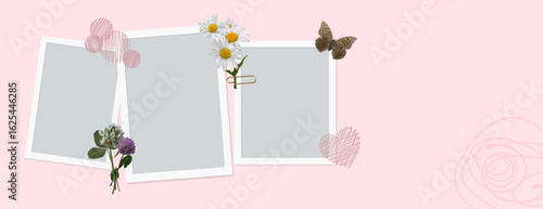 Trendy vector collage. Romantic photo frame collage with flowers, butterflies, and hearts. Pink banner for summer design.