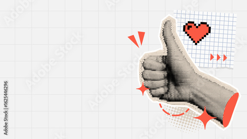 Hand showing thumbs up in vector halftone collage style illustration. Pixel heart on grid paper for social media feedback.