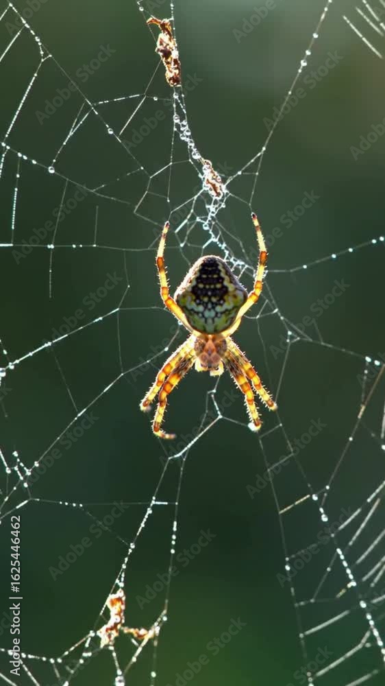 Orb Weaver Spider Hanging in Dew-Kissed Web, Waiting for Prey in Green Garden Orb Weaver Spider Hanging in Dew-Kissed Web, Waiting for Prey in Green Garden