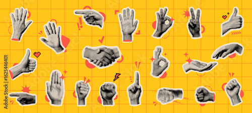 Halftone hands showing various gestures on a yellow grid. Vintage collage style with retro pop art elements. Communication and expression concept.
