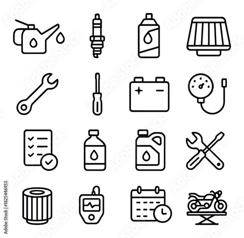 Automotive linear icon set. including oil, spark plug, wrench, battery, tire, motorcycle, schedule, checklist, filter.